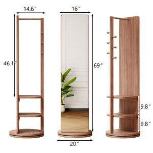 English Elm 360° Swivel Full Length Mirror with Coat Hooks Solid Rubberwood Frame Bedroom Entryway W2987P225479