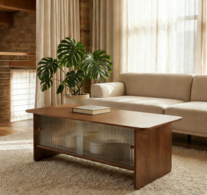 English Elm 47"rectangular Coffee Table Fluted Glass Sliding Doors Retro Wood Grain Living Room Storage Brown W3935P408518