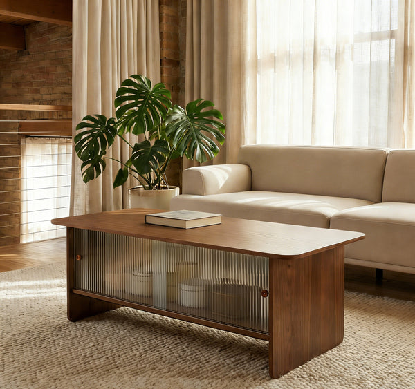 English Elm 47"rectangular Coffee Table Fluted Glass Sliding Doors Retro Wood Grain Living Room Storage Brown W3935P408518