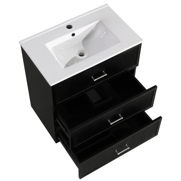 English Elm 30 Inch Bathroom Vanity With Ceramic Sink Combo - Modern Black Freestanding Storage Cabinet Set W1550S00047