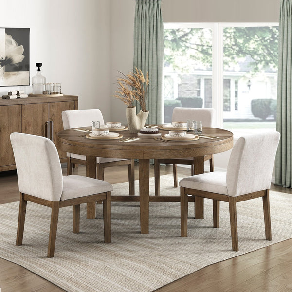 English Elm Brown Oak Veneer Round Dining Set with X-base Table and Upholstered Fabric Side Chairs B011S02332
