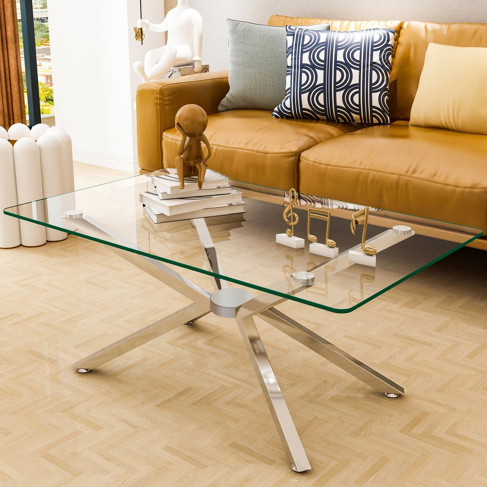 English Elm 39.37" Rectangular Clear Tempered Glass Coffee Table With Sleek Silver Metal Legs For Modern Living Room W241P227959