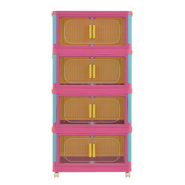 English Elm Happy 20" Side Wide Folding Storage Cabinet with 5 Tiers, Wheels, Magnetic Door, Durable PP Design Blue+Pink W2873P279883