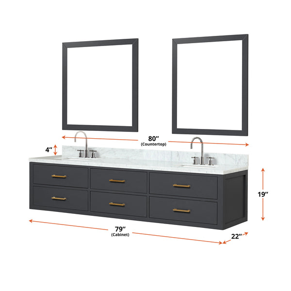 English Elm Black Double Bath Vanity 80 in W x 22 in D with Carrara Marble Top, Chrome Faucets & Dual 36" Mirrors B2731S01840