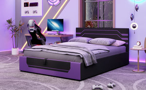 English Elm Modern Cyberpunk Queen Platform Bed Hydraulic Storage Pu Upholstered Gaming Frame Purple+Black SF000205AAI