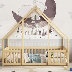 English Elm Full House-Shaped Floor Bed with Fence and Guardrails, Pine Wood Play Loft for Imaginative Kids Retreat Natural W504P143295