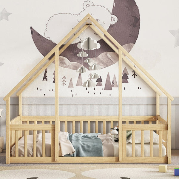 English Elm Full House-Shaped Floor Bed with Fence and Guardrails, Pine Wood Play Loft for Imaginative Kids Retreat Natural W504P143295