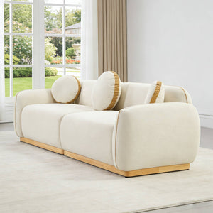 English Elm 90.94'' Three Seat Contemporary Curved Sofa with Round Accent Pillows for Modern Living Beige+White W2085S00093