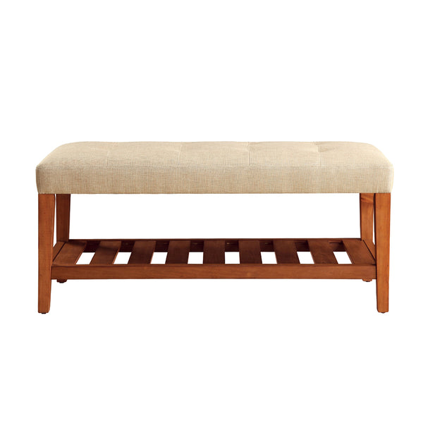 English Elm Fabric Upholstered Bench with Tufted Padded Seat, Open Lower Shelf, Tapered Wood Legs, 43"L Beige,Oak B016P311082
