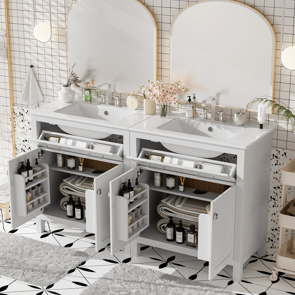 English Elm 60" Modern Bathroom Vanity Set with Double Ceramic Sinks, Soft-Close Doors, Flip Drawer & Storage White N729P000002K