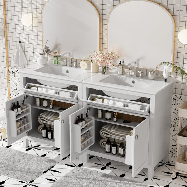 English Elm 60" Modern Bathroom Vanity Set with Double Ceramic Sinks, Soft-Close Doors, Flip Drawer & Storage White N729P000002K