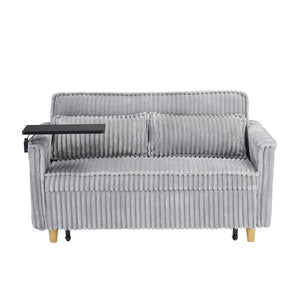 English Elm The pull-out and push-in corduroy sofa with convertible bed, movable tabletop and built-in USB ports Gray W3371P316050