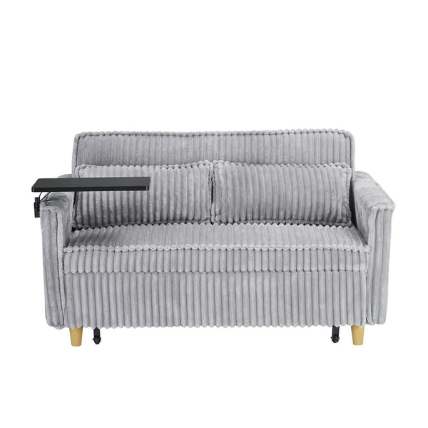 English Elm The pull-out and push-in corduroy sofa with convertible bed, movable tabletop and built-in USB ports Gray W3371P316050