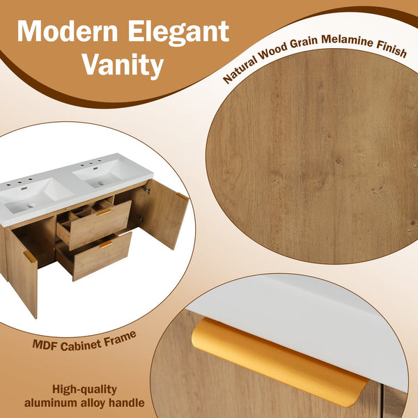 English Elm [video]59.3 Inch Wall Mounted Double Sink Vanity Wood Grain Mdf Soft Close Storage N729P000027N