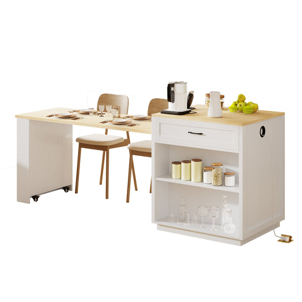 English Elm K&K Extendable Kitchen Island with Dining Table, 51.2" Seating for 2-6, Power Hub & Double Storage White Oak N707S000010W