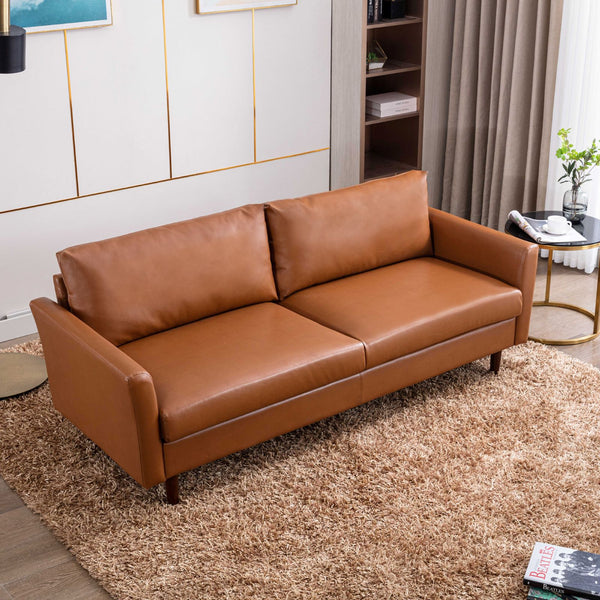 English Elm 80'' Faux Leather Sofa Couch — Mid-Century 3-Seater with Solid Wood Frame, High-Density Foam, Easy-Clean Brown T2694S00062