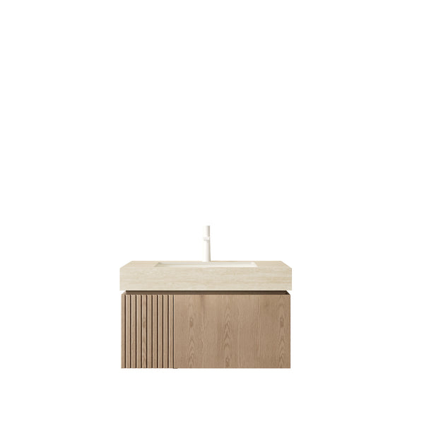 English Elm Muri Floating Bathroom Vanity Plywood Cabinet Travertine Stone Top Woodgrain Finish W2615S00608