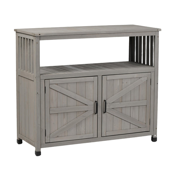English Elm Wooden Solid Bar Height Buffet Cabinet with Slatted Panels for Patio or Dining W2640P262542