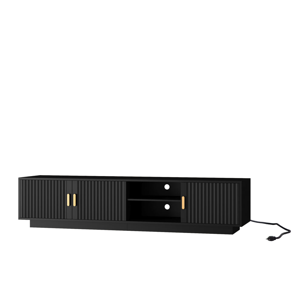 English Elm Mid Century Modern TV Stand with 16-Color LED Lights, Wavy Door Design, Waterproof MDF Storage Cabinet W1321P154003
