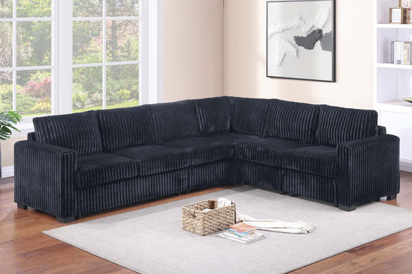 English Elm Black Corduroy L-shaped Sectional Sofa Modular 4 Piece Living Room Seating Set Black B011S02219