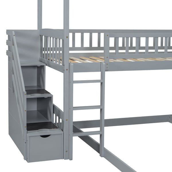 English Elm Twin Over Full Bunk Bed Playhouse Frame with Slide Staircase and Storage Drawers LT100129AAE