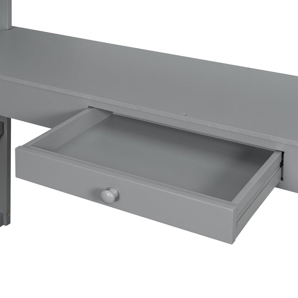 English Elm Full Size Loft Bed with Desk Shelves Writeable Board Pine Frame Gray Finish LT100226AAE-1
