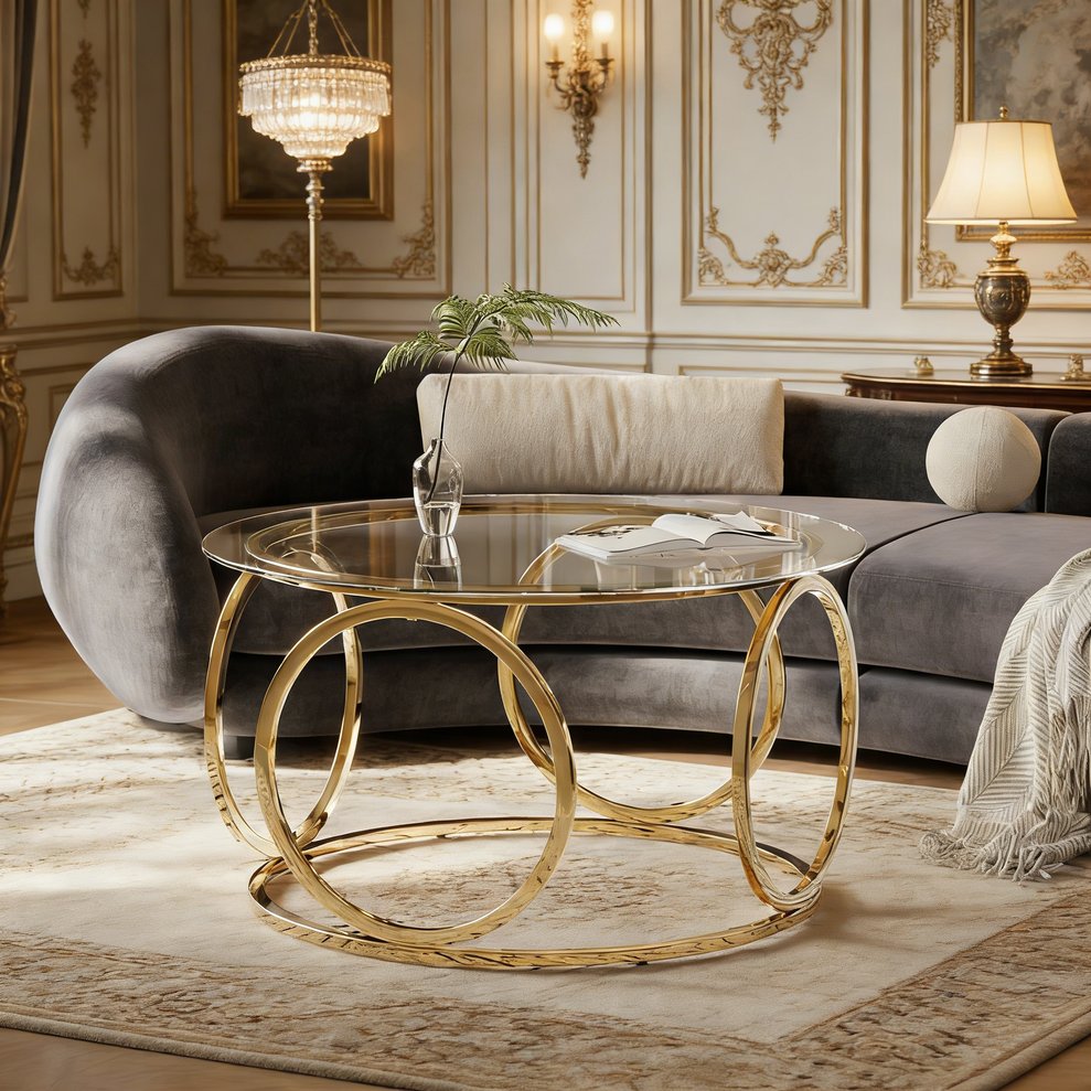 English Elm 31.50'' Round Chrome Ring Glass Coffee Table Two Tier Smoked Tempered Top Modern Living Room W757P412798