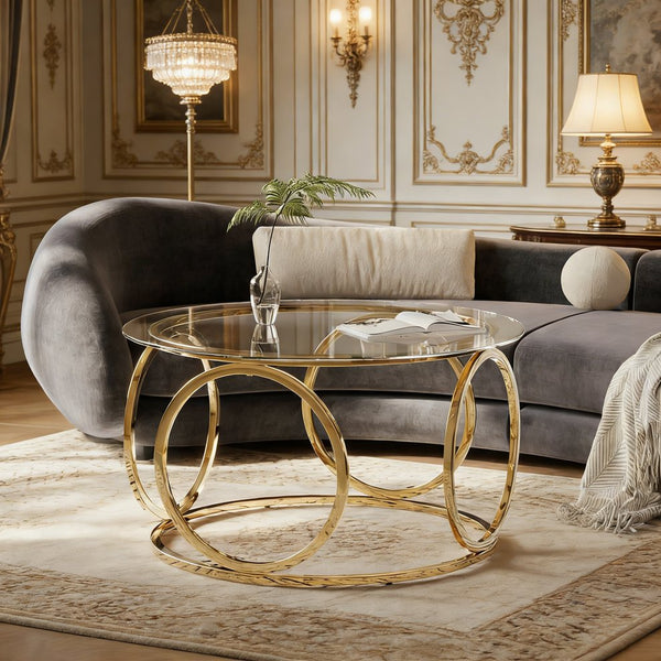 English Elm 31.50'' Round Chrome Ring Glass Coffee Table Two Tier Smoked Tempered Top Modern Living Room W757P412798