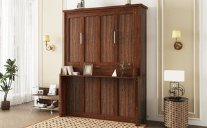 English Elm Queen Murphy Wall Bed with Integrated Desk Gas Strut Lift White Cabinet for Small Spaces Walnut W504S00226