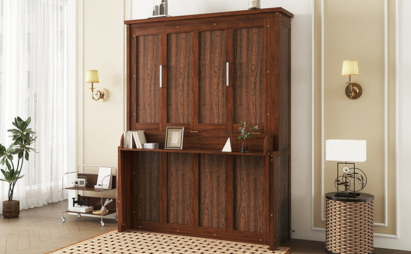 English Elm Queen Murphy Wall Bed with Integrated Desk Gas Strut Lift White Cabinet for Small Spaces Walnut W504S00226