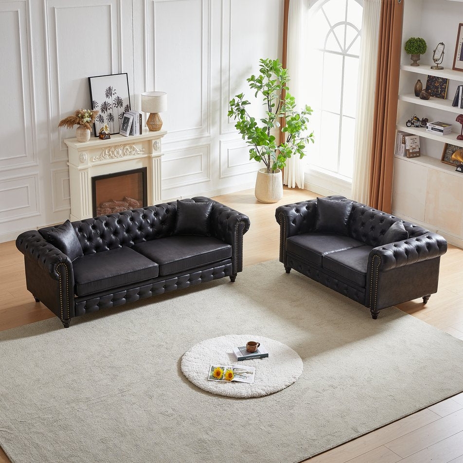 English Elm Fx Chesterfield Sofa Set Tufted Tech Fabric Upholstered Living Room Seating Combo Black W1926S00114
