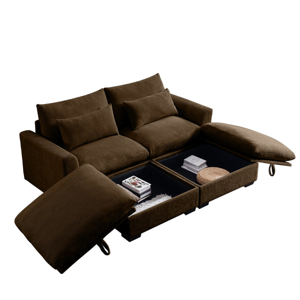 English Elm Corduroy Two-Seater Sofa With Storage Footrests - Versatile Modular Sectional For Modern Living W714S00658
