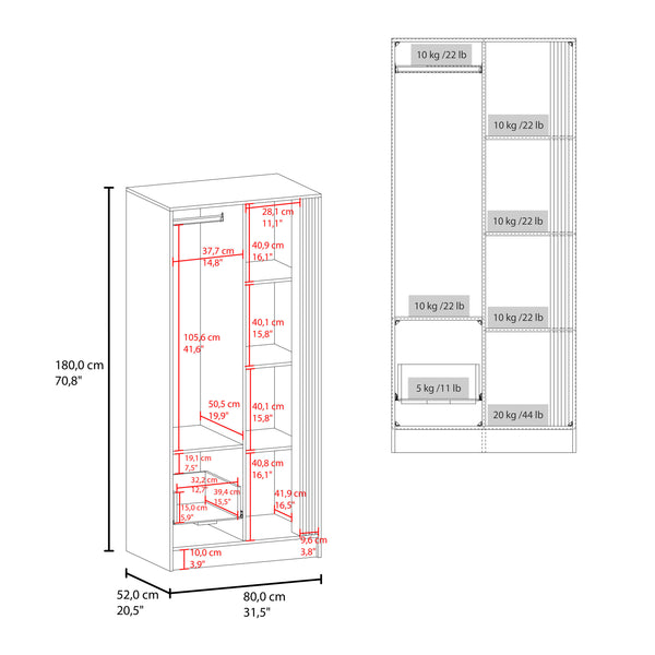 English Elm Armoire with Built-In Mirror and Ample Storage — 4 Doors, 2 Drawers, 4 Shelves, Eco-Friendly Finish White 75.59 L x 25.59 W x 3.94 H B097S00208