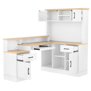 English Elm L-shaped Corner Computer Desk with Built-in Outlets Drawers and Open Shelving Storage W1580S00269