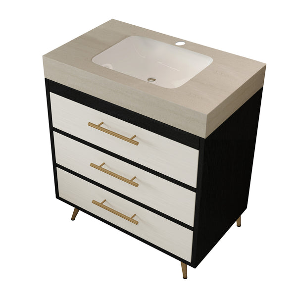 English Elm Modern Freestanding Bathroom Vanity Sintered Stone Top Ceramic Sink Gold Legs W3136S00048