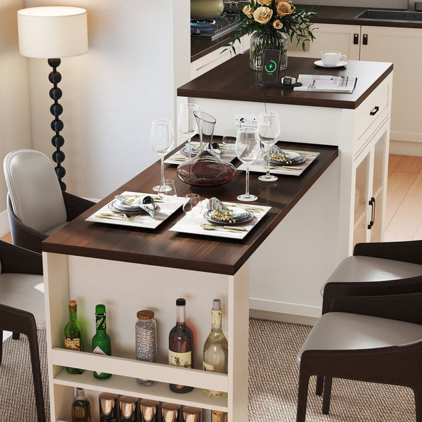 English Elm 83.1'' Extendable Kitchen Island Prep Station with Walnut Woodgrain and Built-in Power Hub W2557S00002