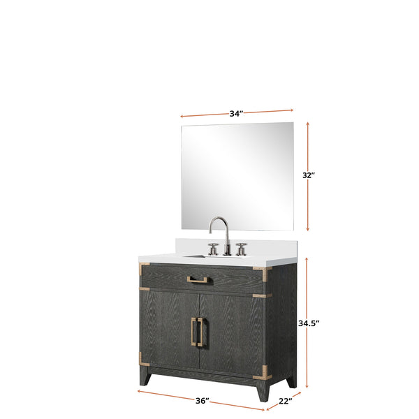 English Elm Black Oak Single Bath Vanity Set With White Quartz Top, 34" Mirror & Chrome Faucet For Stylish Storage B2731S02220