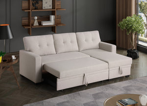English Elm Convertible Upholstered Sectional Sofa with Pull-out Chaise Sleeper and Storage Beige B2730S00005