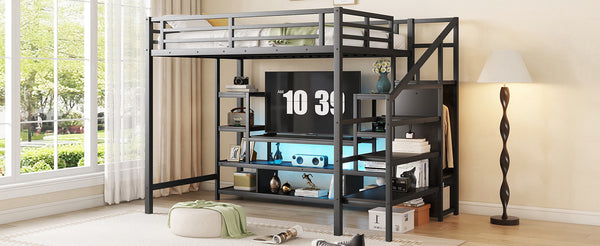 English Elm Full Size Metal Loft Bed With Integrated Tv Stand, Staircase & Wardrobe - Perfect For Kids & Teens! W2593S00012