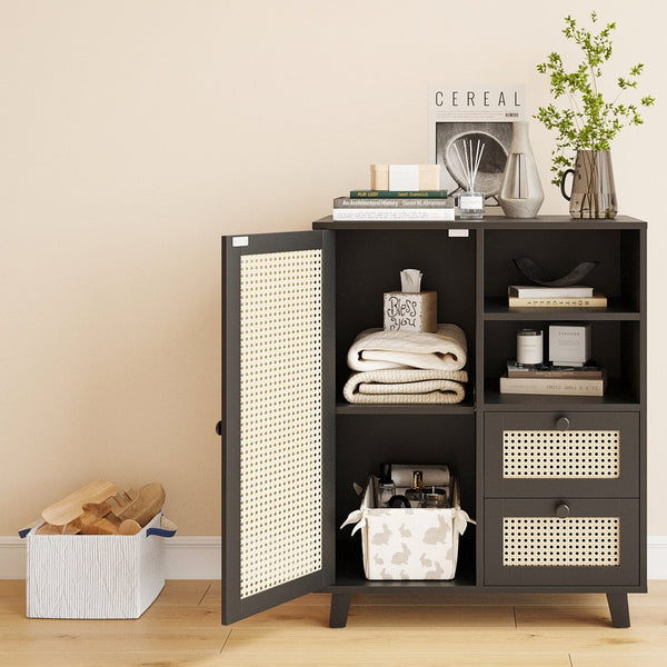 English Elm Rattan Cane Front Sideboard with Drawers Adjustable Shelf Bohemian Storage Cabinet Black T3623P434723