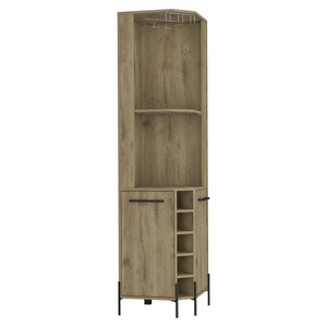 English Elm Hans Corner Bar Cabinet Macadamia Oak Finish with 5 Bottle Wine Rack, 9pc Stemware, 2 Shelves, Storage B070S00181