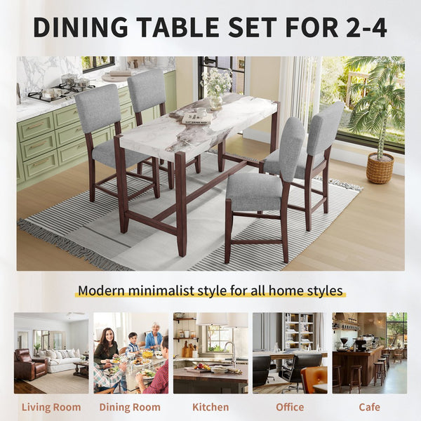 English Elm 5-Piece Counter Height Dining Set with Faux Marble Top and Upholstered Seats, Mid-Century Pub Charm White+gray N752S000086E