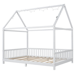 English Elm Wood Full Size House Bed with Guardrail, LED Lights & Sturdy Pine Frame for Kids Room Safety and Style N709P177524K