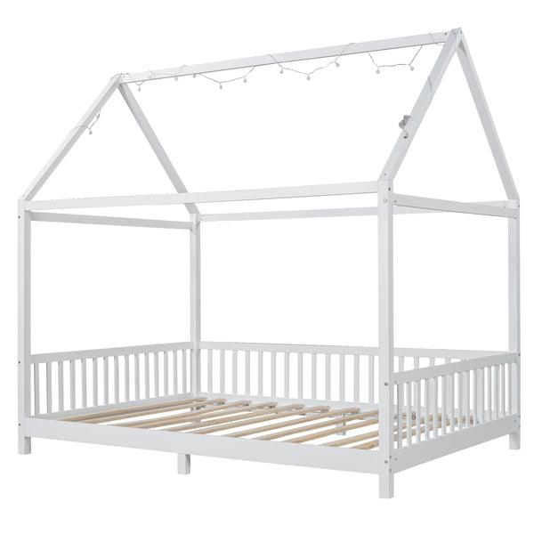 English Elm Wood Full Size House Bed with Guardrail, LED Lights & Sturdy Pine Frame for Kids Room Safety and Style N709P177524K