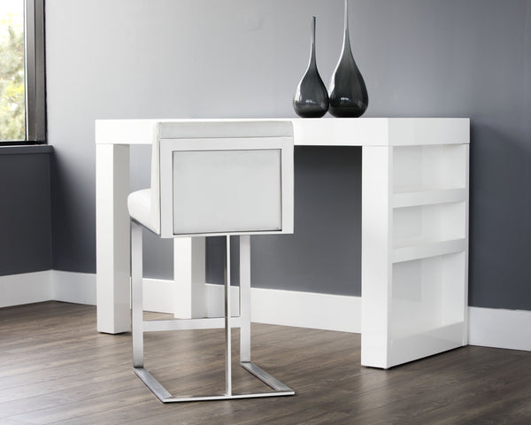 Sunpan Dean Bar Stool with Exposed Brass Frame and Luxurious Bonded Leather for Stylish Spaces Stainless Steel / Cantina White