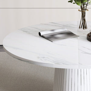 English Elm 47 Inch Round Marble Veneer Mdf Dining Table Seats Four with Slim Wood Strip Base White W2700P404636