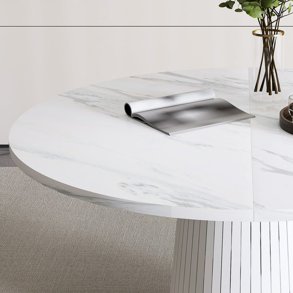 English Elm 47 Inch Round Marble Veneer Mdf Dining Table Seats Four with Slim Wood Strip Base White W2700P404636