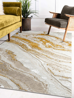 English Elm "Adina" Luxury Area Rug - Elegant Beige & Gold Abstract Design For Versatile Home Décor & Durability B030P216154