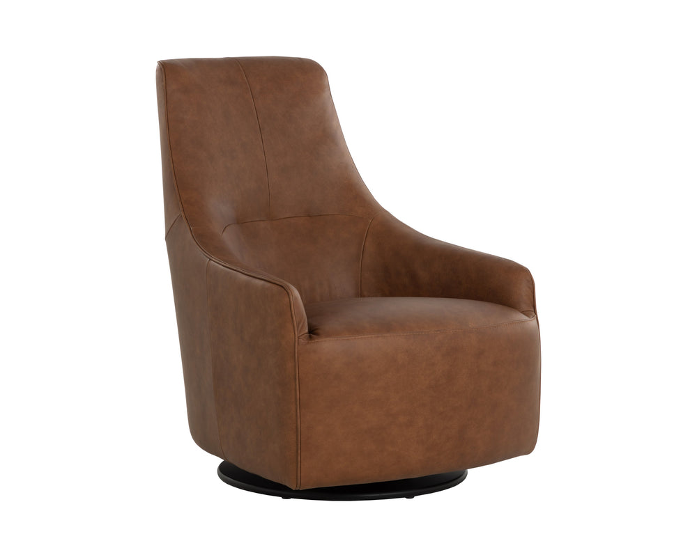 Sunpan Carmine Swivel Lounge Chair - Luxurious Cognac Leather, Vintage Appeal, Elegant Tufting & Iron Base