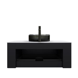 English Elm Dina Floating Bathroom Vanity Sintered Stone Top Glass Basin Striped Plywood Cabinet W2615S00247
